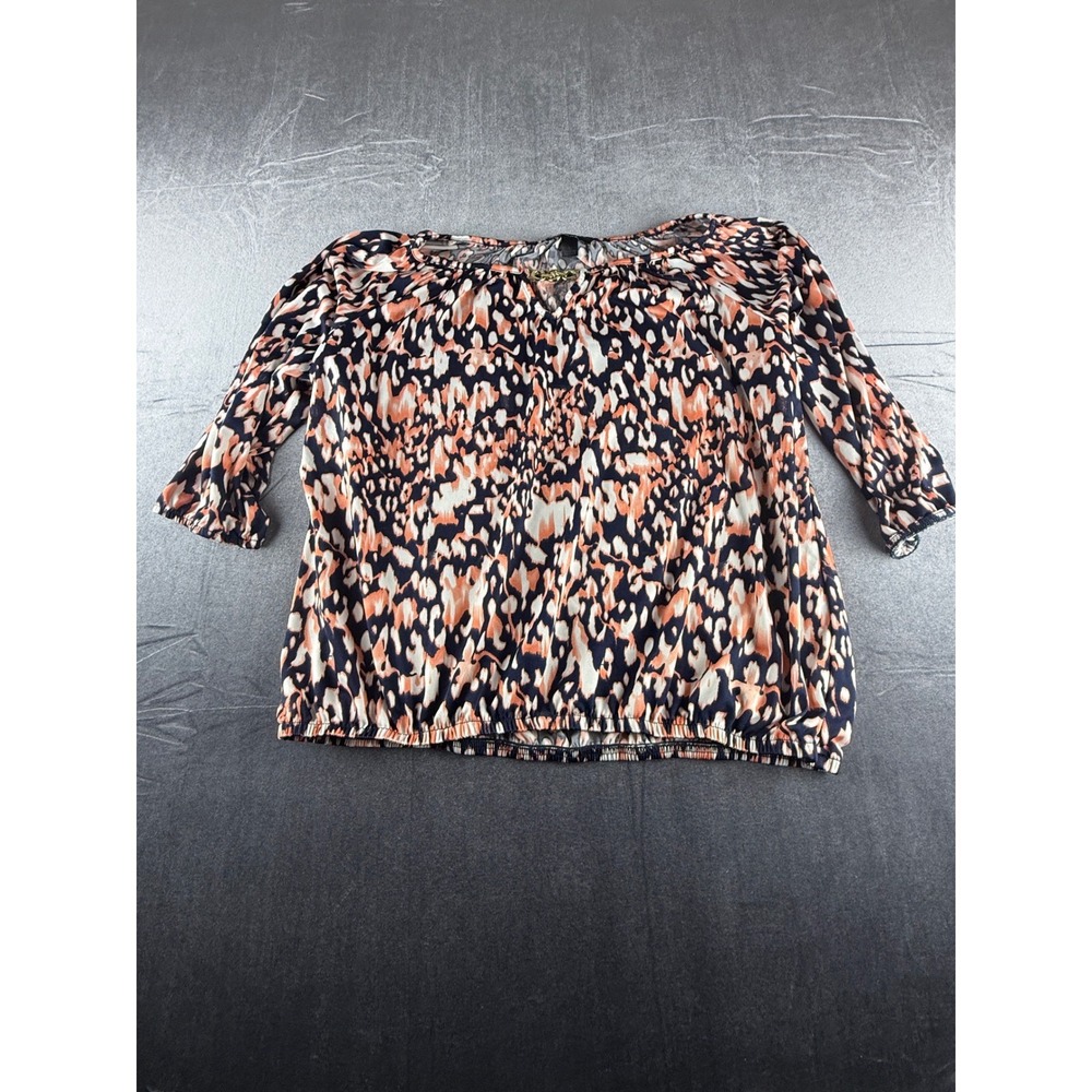 AGB Womens Navy Peach Abstract Print Chain Neck Blouson Blouse Top Size L